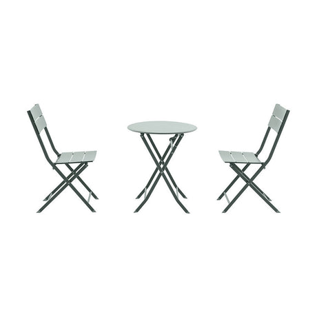 Rennes Moss Green Outdoor Bistro Set with a round 71cm folding table and two matching folding chairs in steel, shown on a plain white background.