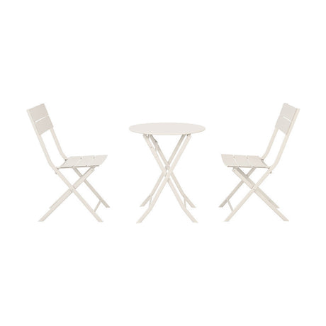 Rennes Putty Outdoor Bistro Set featuring a round folding table and two folding chairs with slatted seats, all in a cream steel finish, shown on a plain white background.