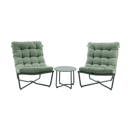 Clermont Moss Green Outdoor Lounging Set: two low-slung lounge chairs with tufted green cushions on black metal cross-frame bases, paired with a round black side table, on a plain white background.