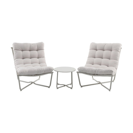 Clermont Putty Outdoor Lounging Set - two low-slung lounge chairs with tufted grey cushions on steel frames, plus a round white side table, on a plain white background.