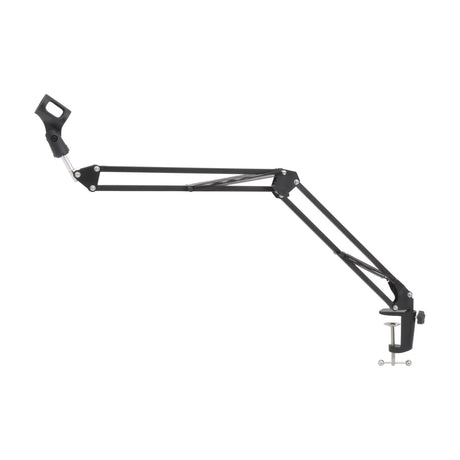 Citronic SMS001 studio swivel microphone boom arm in matt black with desk clamp, spring-retraction arms and mic clip, shown on a plain white background.