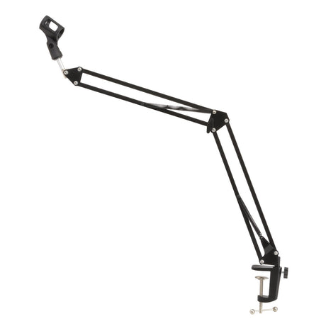 The Citronic Small Studio Microphone Desk Stand, a black, desk-mounted boom arm with an adjustable angle and microphone clip, is shown extended against a white background.