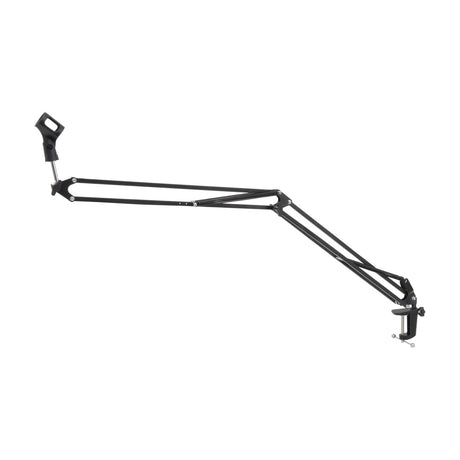 Citronic SMS002 matt black studio microphone boom arm with adjustable hinged sections, mic clip mount and desk clamp, shown on a plain white background.