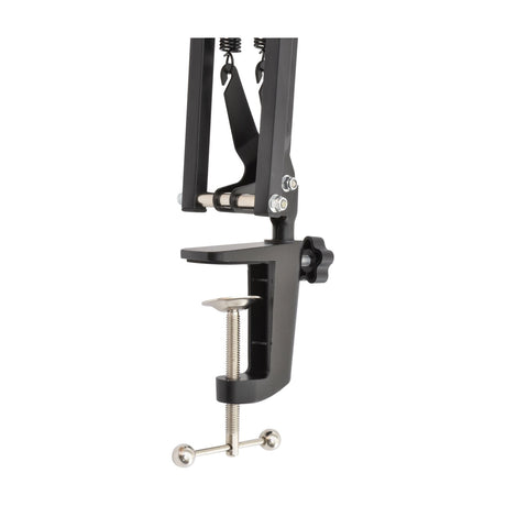 Citronic SMS002 matt black microphone boom arm with spring tension arms, desk clamp mount and adjustment screws, shown on a plain white background.