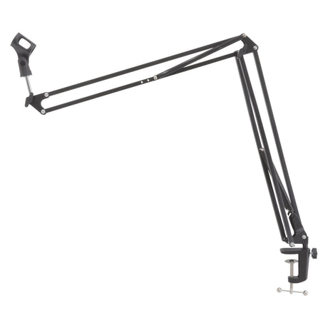 The Citronic Large Studio Microphone Desk Stand is a black adjustable boom arm with a clamp base, designed to securely hold and position your microphone—ideal for any broadcast studio or recording setup.