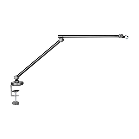 Citronic Pro Studio Mic Boom Arm with desk clamp in matte black, shown extended with three pivoting joints and thread adaptor on a white background.