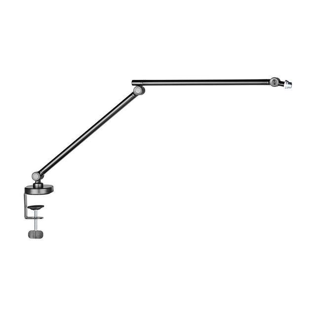 Citronic Pro Studio Mic Boom Arm with desk clamp in matte black, shown extended with three pivoting joints and thread adaptor on a white background.