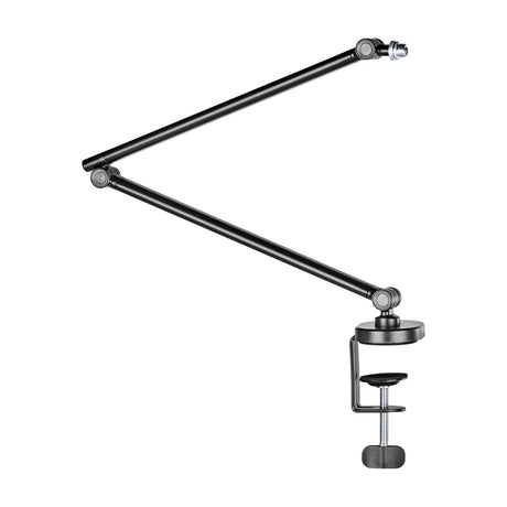 Citronic Pro Studio Mic Boom Arm with desk clamp in matte black, shown with pivoting joints and thread adaptor on a plain white background.
