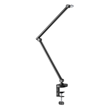 The Citronic Pro Studio Microphone Boom Arm is a black, adjustable desk-mounted arm with multiple joints and a sturdy clamp, ensuring secure microphone placement on your table—ideal for podcasting setups.