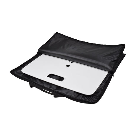 Open QTX black nylon transport bag with padded flap revealing a white square base plate with carry cutout inside, shown on a plain white background.