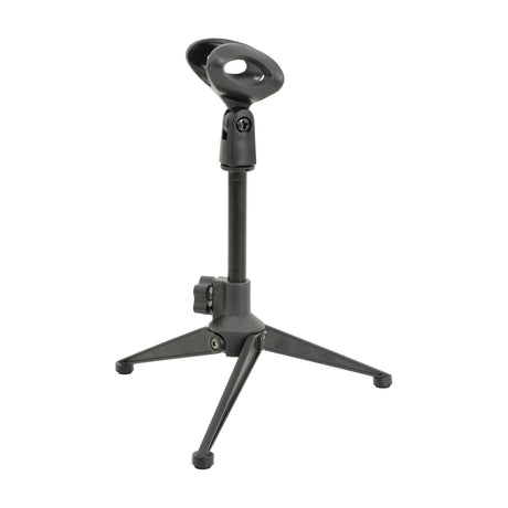QTX DMS-01 desktop microphone tripod stand with foldable metal legs, rubber feet and black plastic mic clip holder, shown on a plain white background.