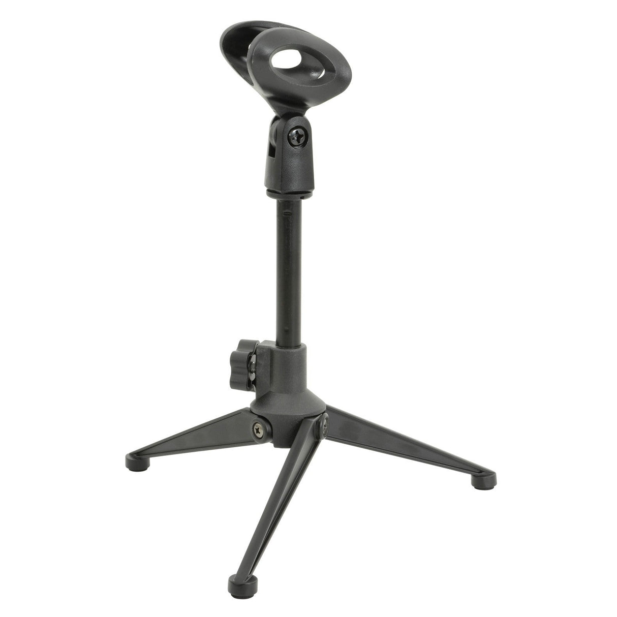 The QTX Desktop Microphone Tripod Stand is a small, black, foldable stand with three legs, an adjustable height mechanism, and a circular holder on top to support your microphone.