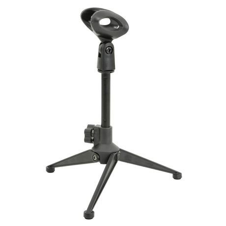 The QTX Desktop Microphone Tripod Stand is a small, black, foldable stand with three legs, an adjustable height mechanism, and a circular holder on top to support your microphone.