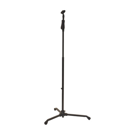 Chord COM-ST compact one-hand microphone stand by AVSL, extended tall with mic clip and folding tripod base, in black, on a plain white background.