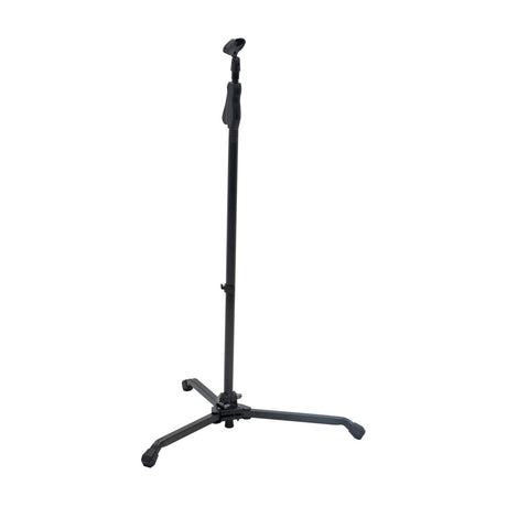 Chord COM-ST compact one-hand microphone stand in matte black with tripod base, mic clip and adjustable height column, shown on a plain white background.