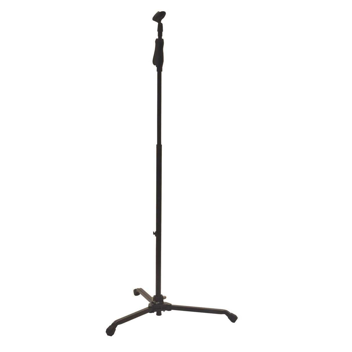 The Chord Compact Microphone Stand is a black, foldable tripod with three legs for stability, designed to hold microphones. It features convenient one-hand height adjustment for easy setup and use.