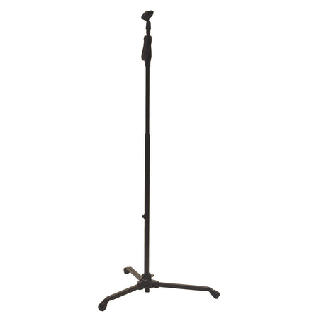 The Chord Compact Microphone Stand is a black, foldable tripod with three legs for stability, designed to hold microphones. It features convenient one-hand height adjustment for easy setup and use.