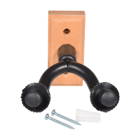 Chord GWB-3 wall mount guitar hanger with chamfered wooden base, black soft-grip yoke cradle, and included screws and wall plugs on a white background.