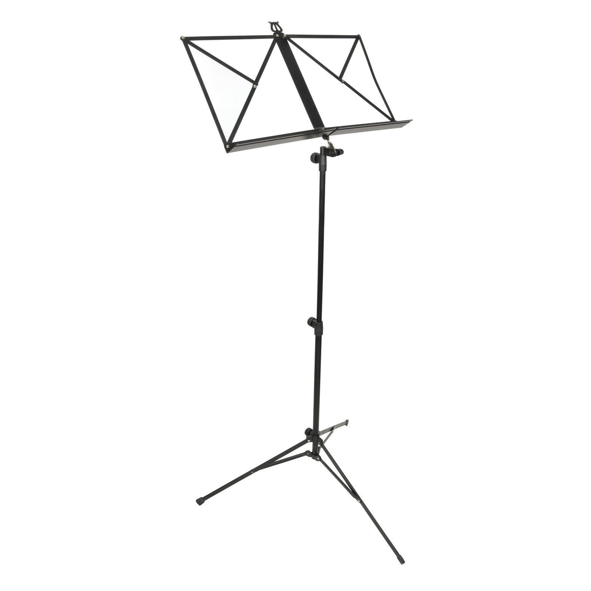 Introducing the Chord Folding Sheet Music Stand in black, equipped with an adjustable sheet holder and a robust tripod base.