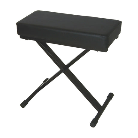 Chord KB02A Deluxe padded folding keyboard bench with black vinyl seat and X-frame legs with rubber feet, shown on a plain white background.