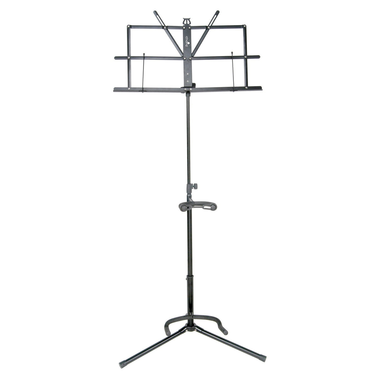 Introducing the Chord Music & Guitar Stand—a stylish black metal stand with an adjustable vertical post, tripod base, and a collapsible sheet holder that seamlessly blends functionality with ease of use. Its foldable design makes it effortlessly portable for musicians who are always on the move, all presented against a simple white backdrop.