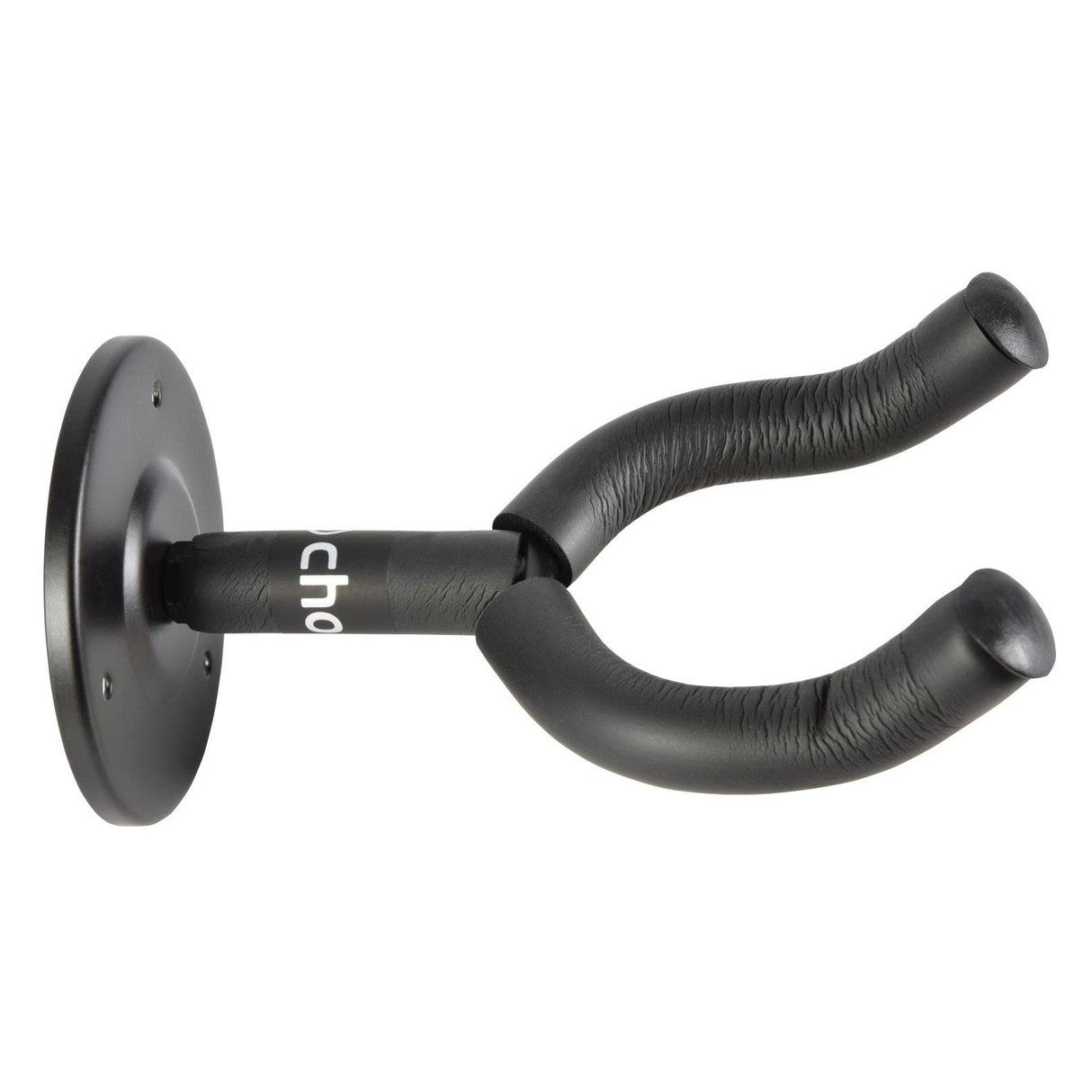 The Chord Wall Mount Guitar Hanger, featuring padded forks and a circular base, is designed to securely hold a guitar. It is perfect for display purposes and is shown positioned against a white background.