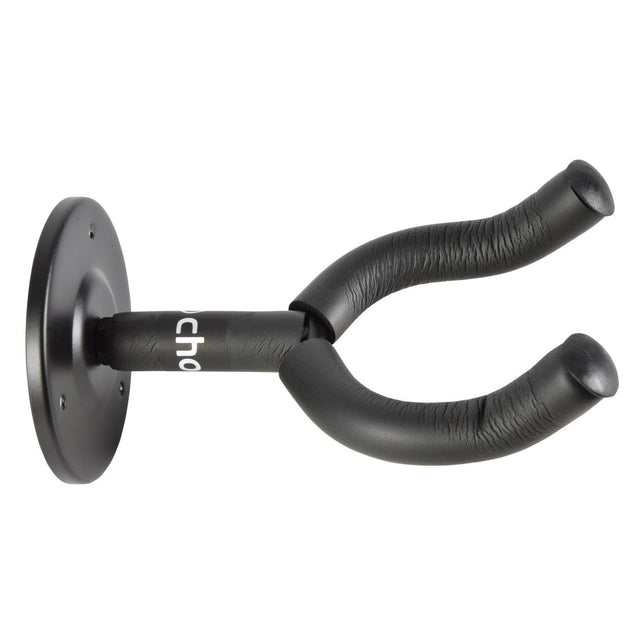 The Chord Wall Mount Guitar Hanger, featuring padded forks and a circular base, is designed to securely hold a guitar. It is perfect for display purposes and is shown positioned against a white background.