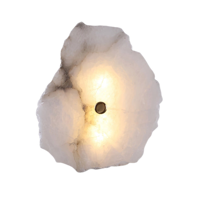 Frammenta LED 1 Light Wall Light with a raw-edged alabaster slab in white and grey tones, lit from within, fixed by a central brass boss, on a plain background.
