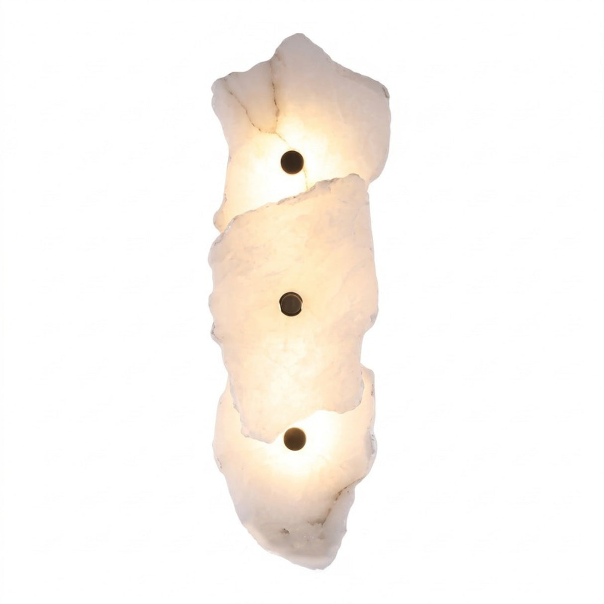Frammenta LED 3 Light Fragment Alabaster Wall Light with brass bosses, three stacked raw-edged alabaster slabs glowing softly against a plain white background.