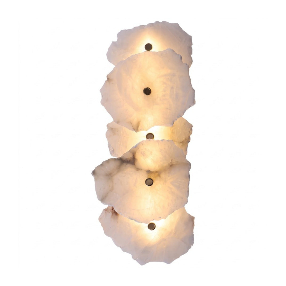 Frammenta LED 5 Light Fragment Alabaster Wall Light in Brass, five stacked irregular alabaster slabs with brass mounts glowing softly, shown on a plain white background.