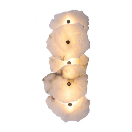 Frammenta LED 5 Light Fragment Alabaster Wall Light in Brass, five stacked irregular alabaster slabs with brass mounts glowing softly, shown on a plain white background.