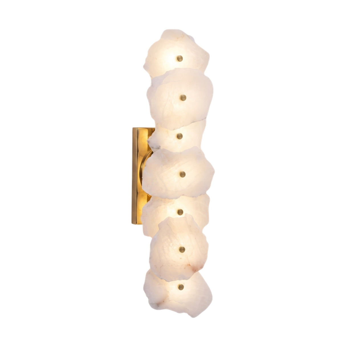 Frammenta LED 7 Light Fragment Alabaster Wall Light in Brass, seven staggered raw-edge alabaster slabs on a rectangular brass backplate, lit, shown on a plain white background.