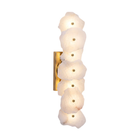 Frammenta LED 7 Light Fragment Alabaster Wall Light in Brass, seven staggered raw-edge alabaster slabs on a rectangular brass backplate, lit, shown on a plain white background.