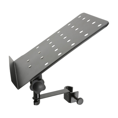 QTX MTS-A clip-on music and tablet shelf by AVSL, perforated black steel plate with 360° rotating bracket and C-clamp, on a white background.