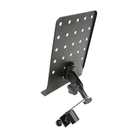QTX MTS-A clip-on music and tablet shelf by AVSL, showing the perforated black steel plate, tilt bracket and 360° rotating C-clamp mount.