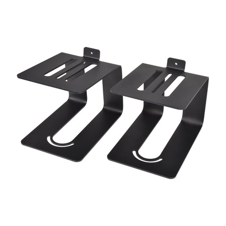 Pair of QTX black metal desktop speaker stands with slotted top plates and curved bases, shown on a plain white background.