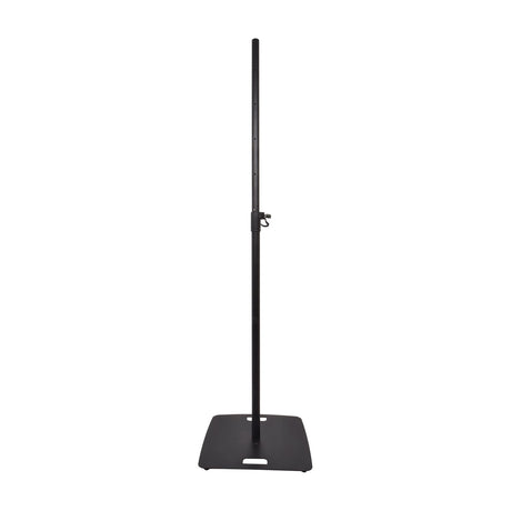 QTX square base speaker stand in matt black with adjustable steel pole, hand fastener, and 48x48cm base plate with carry handle, on a white background.