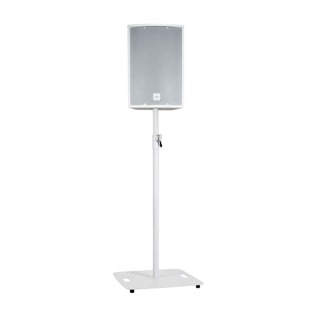 QTX square base white speaker stand in steel holding a white PA speaker at raised height, with adjustable pole and rubber-footed base on a white background.
