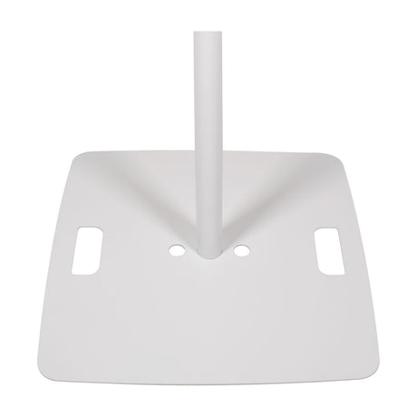 QTX square base white speaker stand by AVSL, showing the steel base plate with cable insert holes, integrated carry handles, and central pole.