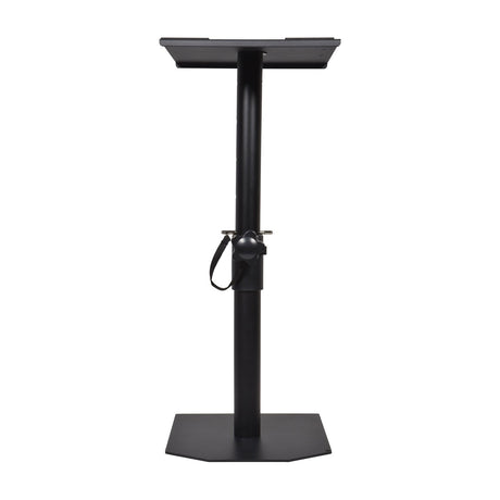 QTX Adjustable Studio Monitor Floor Stand by AVSL in matte black, with square top plate, height-adjustable pole, hand fastener and hexagonal base.