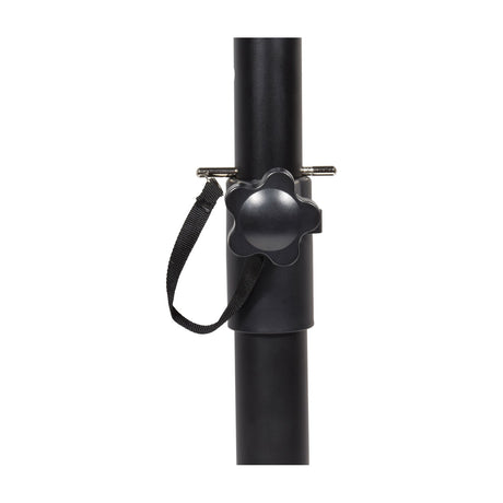 Close-up of the QTX adjustable studio monitor floor stand's black star-shaped hand fastener, safety pin, and fabric strap on the central pole.