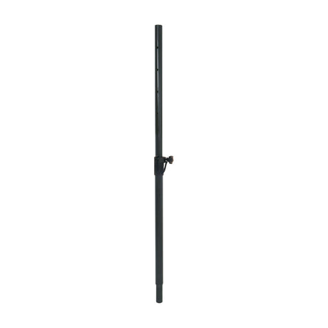 QTX telescopic 35mm speaker pole in matte black, shown vertically extended with central locking clamp and pin holes, on a plain white background.