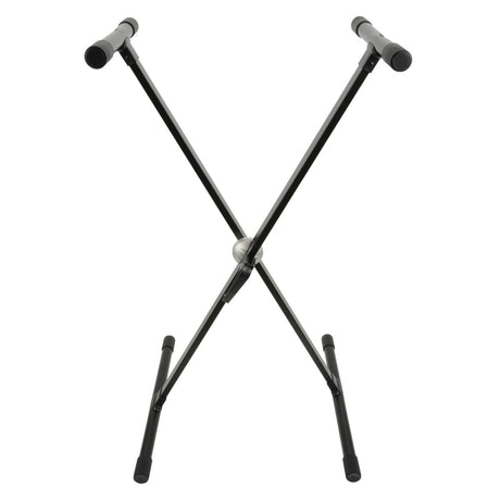 The Chord X-Frame Keyboard Stand, featuring a black X-shaped design with rubber grips and anti-slip feet at both the top and bottom, is fully extended to support an electronic keyboard. Its adjustable height makes it perfect for placement on a plain white background.