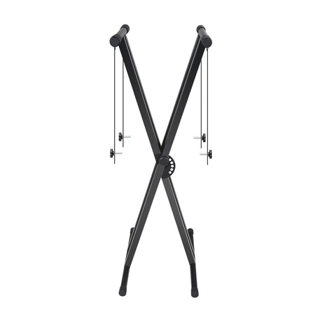 NU-X NPX-10 double X-braced adjustable keyboard stand in black with twin frame, central locking mechanism and rubber end caps, on a white background.