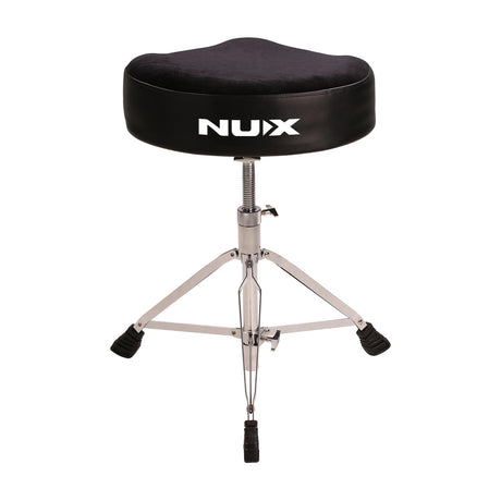 NU-X NDT-03 height-adjustable drum throne with black saddle-style padded seat and double-braced chrome tripod base, shown on a plain white background.