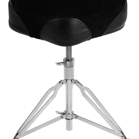 NU-X NDT-03 Height-Adjustable Drum Throne by AVSL, close-up of the black saddle-style seat, chrome height-adjust screw and double-braced folding tripod base.