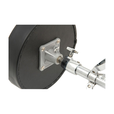 Close-up of the Chord CDT-2 Heavy Duty Drum Throne showing the black vinyl padded seat mounted to a chrome tripod base with locking screw.