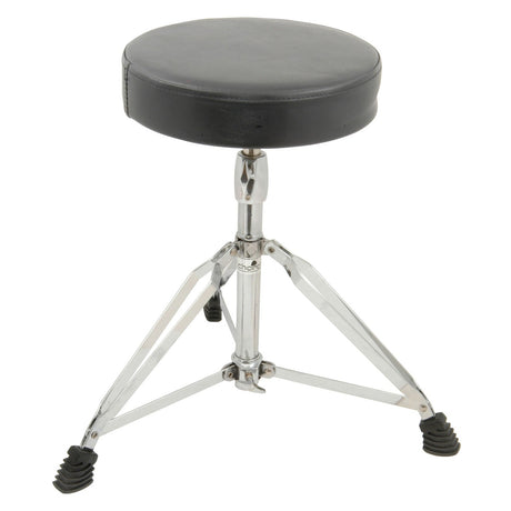 The Chord HD Round Drum Throne is designed for musicians and features height adjustment, a round black padded seat, and chrome-plated adjustable tripod legs.