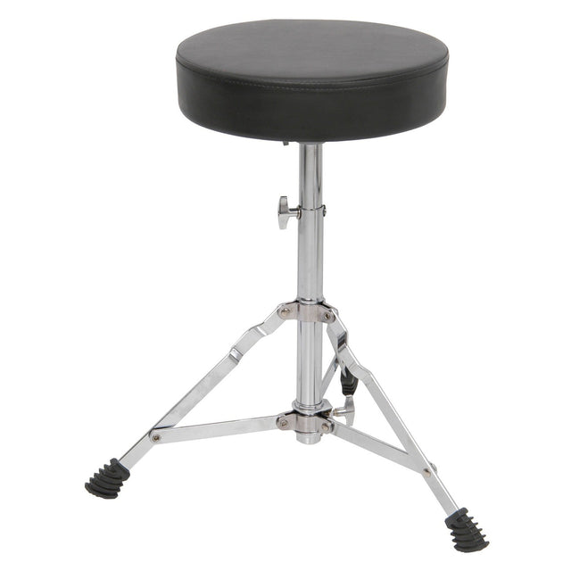 The Chord Drum Throne - Round Seat features a black cushioned round top, chrome legs, and rubber feet. It is equipped with an adjustable padded seat supported by a sturdy folding tripod base, making it perfect for musicians of all heights.