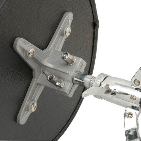 Close-up of the Chord CDT-3 Heavy Duty Padded Drum Throne underside showing black vinyl seat, silver mounting bracket and chrome tripod fitting.